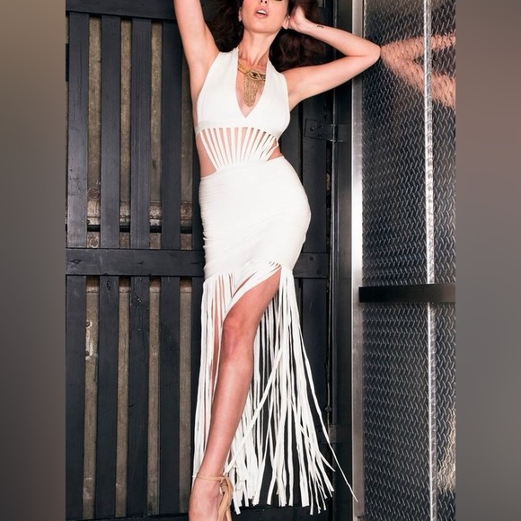 NWT White Bandage Fringe Gown Dress ala Kate Moss Style Prom Wedding Vegas NYE - Picture 2 of 4